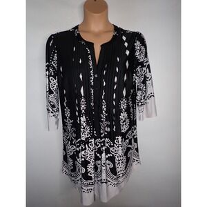 Serengeti Women Black White Scroll Print Pleated Tunic Top Size L Artsy Casual
